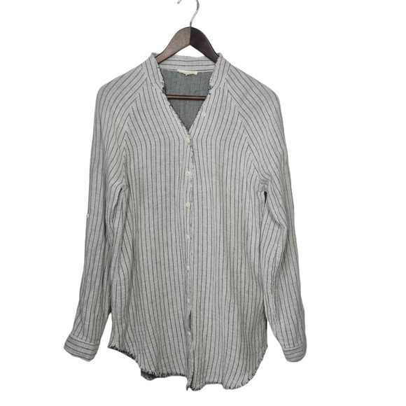 Mystree Blue Striped Gauzy Long Sleeve Button Down Top Frayed Hem Size Small - Picture 2 of 13